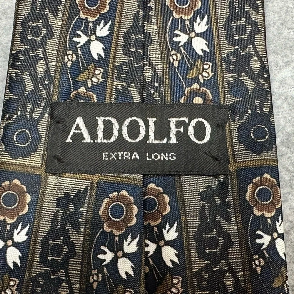 Adolfo XL Vintage Tie Geometric Floral Blue Brown Polyester 64x3.75in